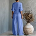 thumbnail image 5 of Women's Light Blue V-Neck Wide-Leg Jumpsuit, Batwing Sleeve Ruched Waist Maxi Jumpsuit Blue XL, 5 of 5