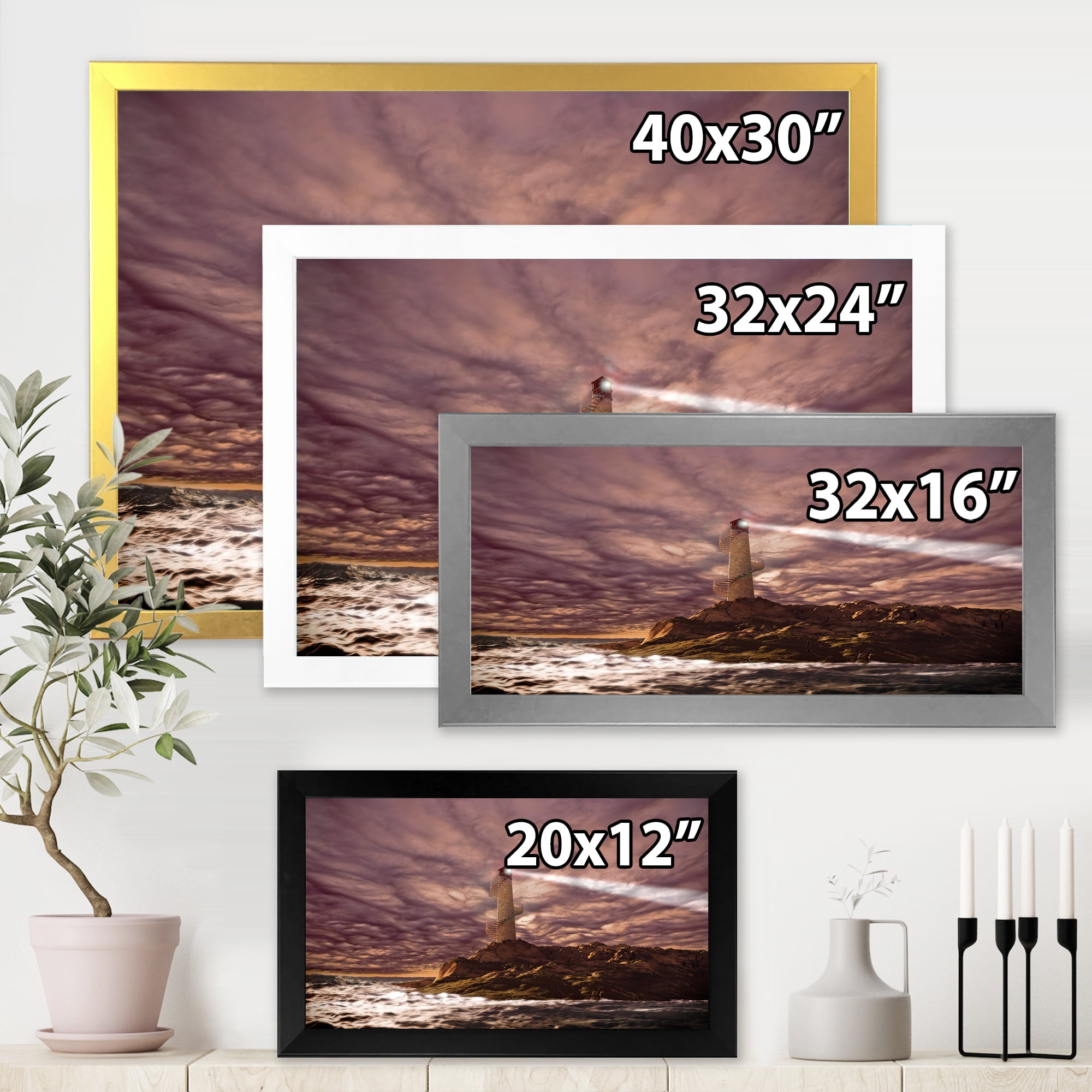 Lighthouse Shining Light During Stormy Clouds Night I 32 in x 16 in Framed Painting Canvas Art Print, by Designart