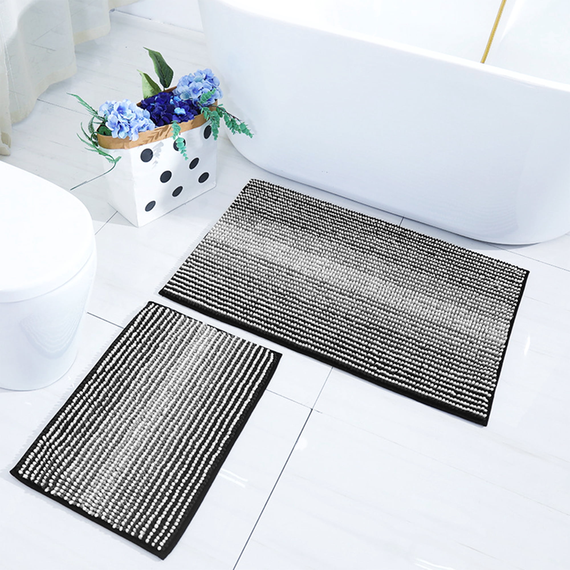 Unique Bargains Quick Dry Non Slip Chenille Bath Mat Cozy Shaggy Bath Rugs Black 16" x 24"
