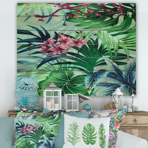 Designart 'VIntage Tropical Flowers VI' Traditional Print on Natural Pine Wood
