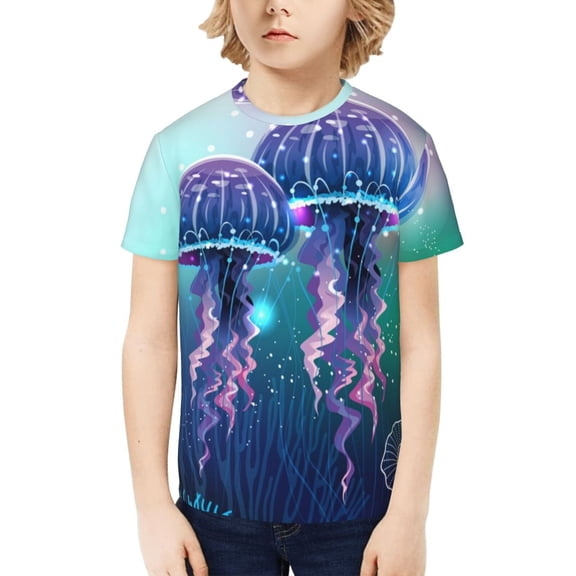Boys Girls T Shirts Short Sleeves 3D Summer Kids Tee Tops, Magic Neon Light Jellyfish