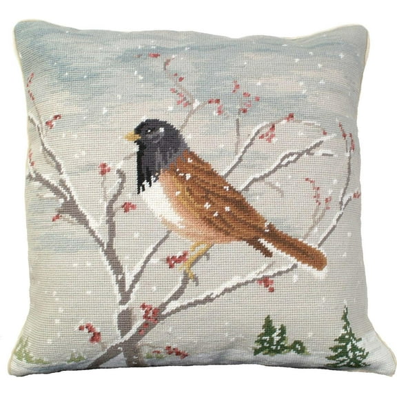 Throw Pillow Needlepoint Junco Bird 18x18 Cold Other Wool Cotton Velvet Back