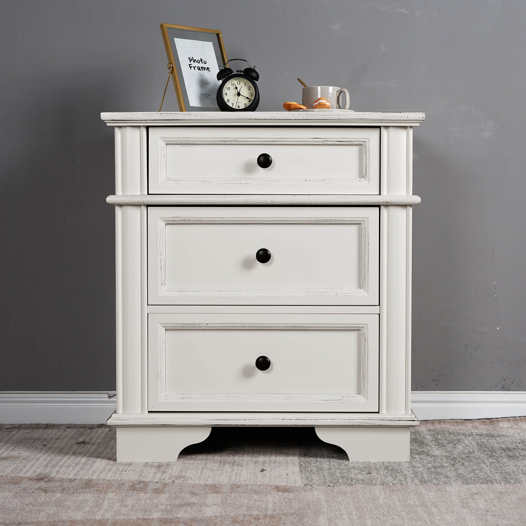 Zimtown Nightstand with Charging Station for Bedroom, Solid Wood End Side Table with 3 Drawer, Antique White