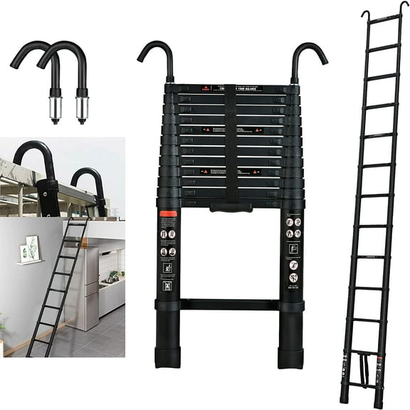 Telescoping Ladder 12FT Extension Ladder with 2 Roof Ladder Hooks, Collapsible Ladders for Home, Locking Mechanism, Aluminum Telescopic Extendable Ladder, Rv Ladder, Attic Ladder, 330 Pound Capacity