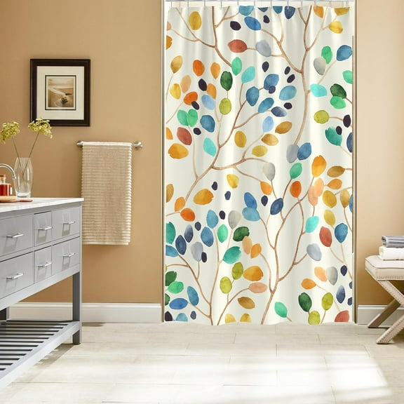 Small Stall Shower Curtain 36 x 72, Narrow Half Watercolor Floral Fabric Shower Curtain, Abstract Colorful Leaves Decorative Bathroom Shower Curtain Set with Hooks