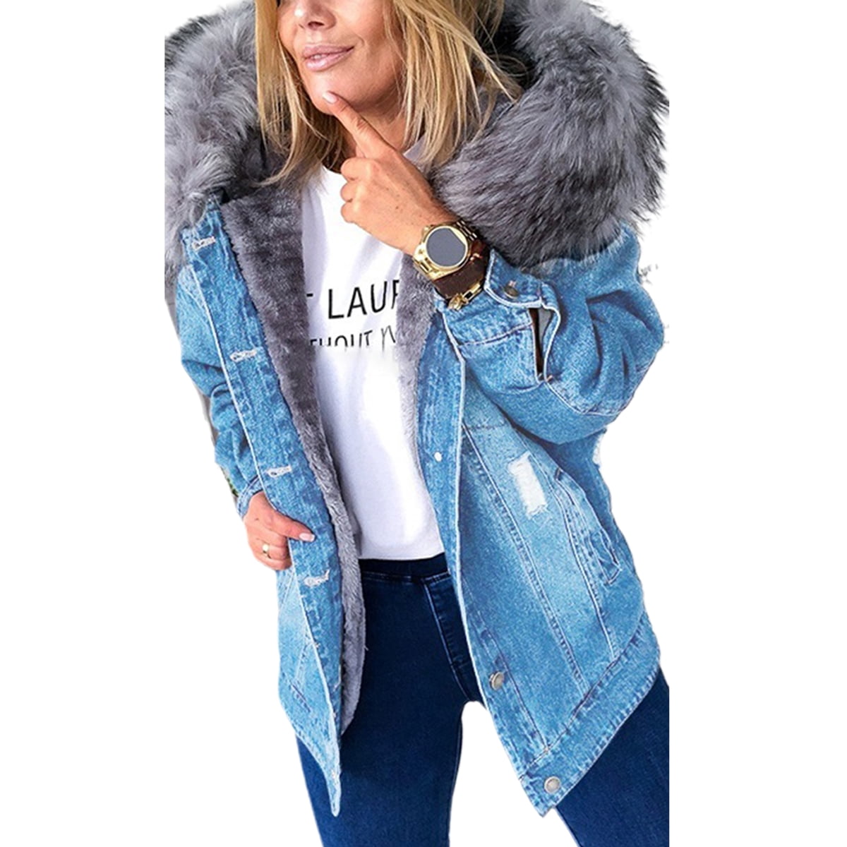 Denim Hooded Plush Fur Jean Jacket 