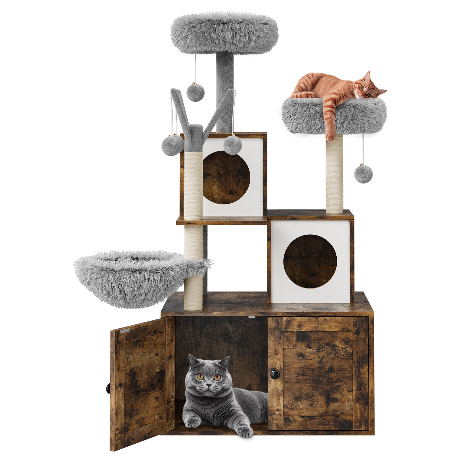 TEQIN Cat Tree with Litter Box Enclosure Furniture,Modern Cat Tower, 53.7’’ H Cat Condo with Sisal Scratching Post and Hammock, Indoor Pet Furniture with Large Platform