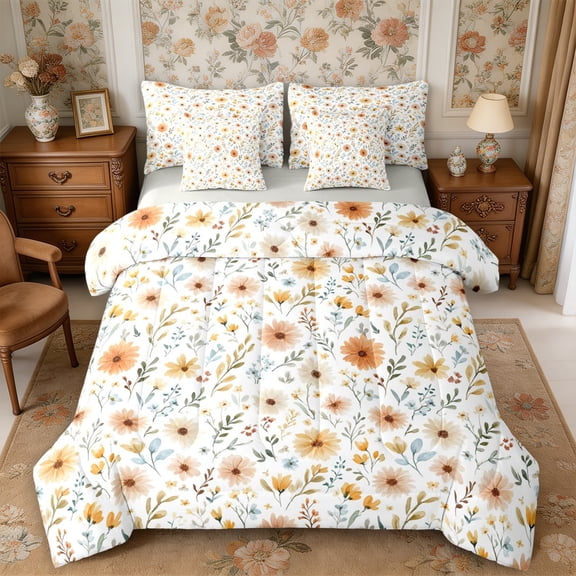 Manfei Cottagecore Blossom 7-Piece Twin Bedding,Vintage Flowers Leaves Bedding Comforter Set,Reversible