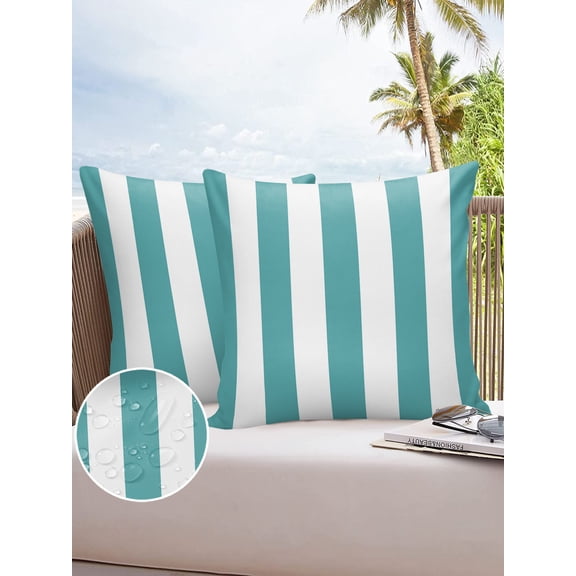 Outdoor Throw Pillow Cover Summer Sea Aqua and White Stripe Waterproof Cushion Covers 2 Pack Rustic Striped Texture Pillow Cases Home Decoration for Patio Garden Couch Sofa