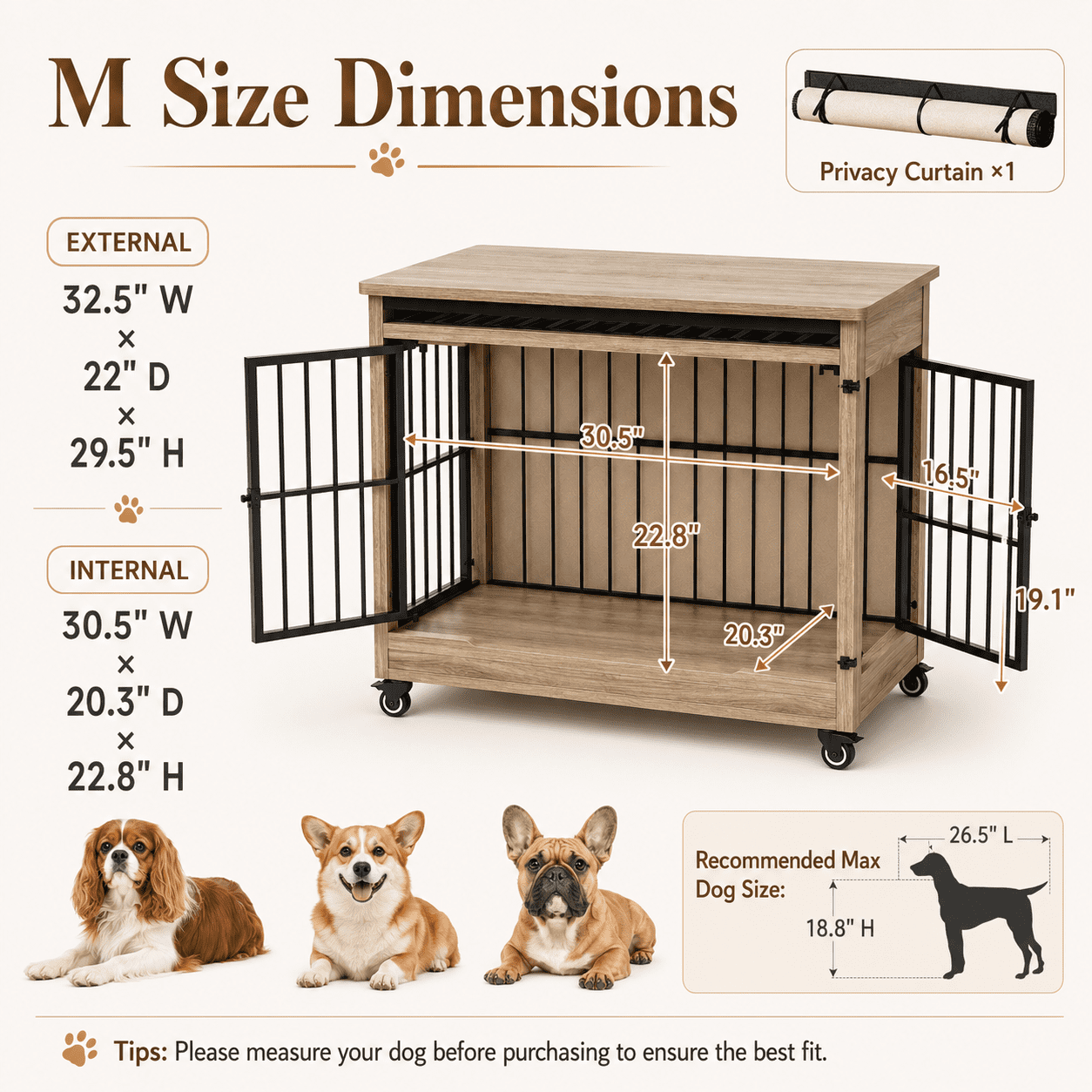 Aukfa 32.5-Inch Large Dog Crate Furniture, Indoor Dog Kennel Decorative Pet Cage End Table, Lift-Up Door, Curtain & Wheels,Greige
