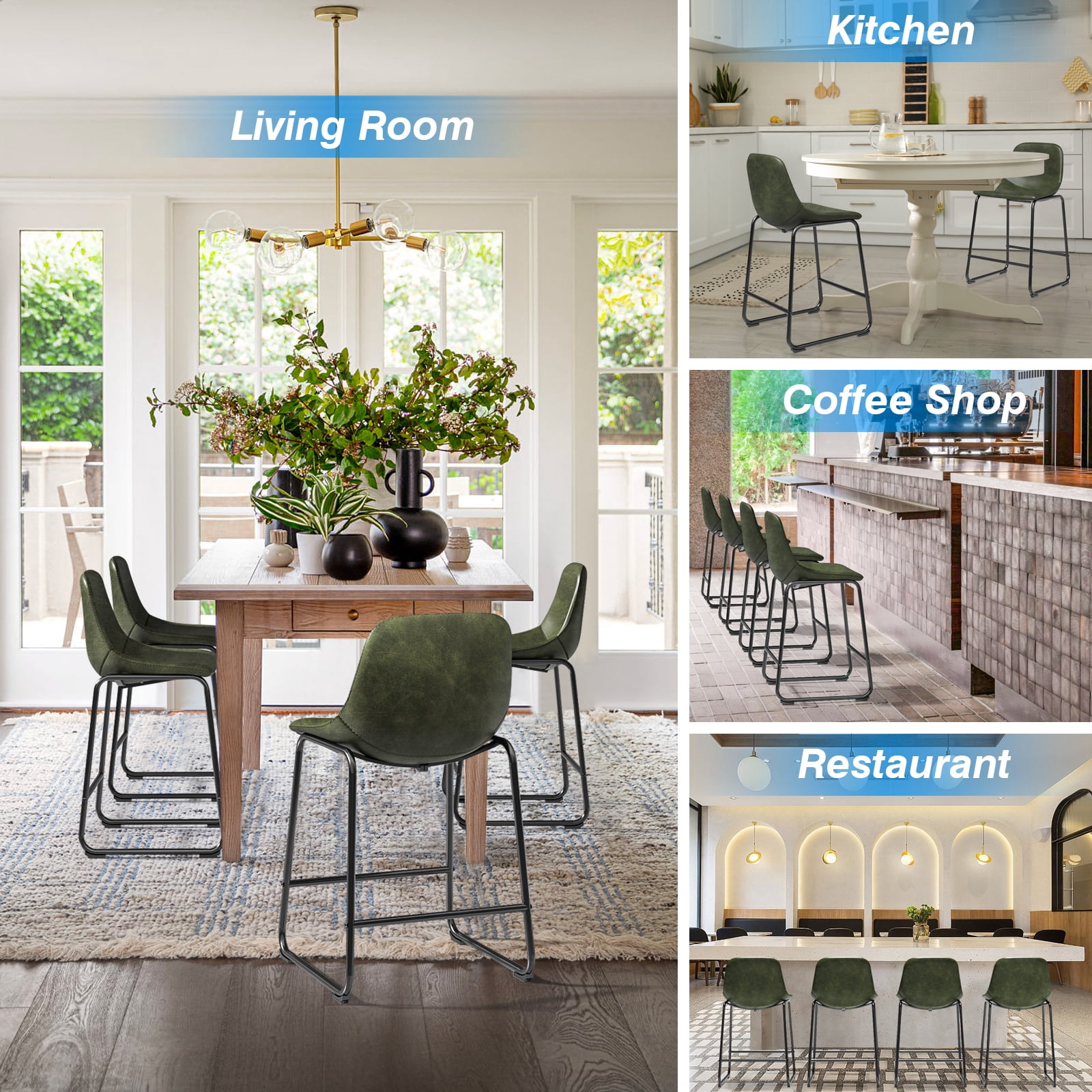 TAVR Furniture 24" Bar Stools Set of 3 with Back, Faux Leather for Home, Kitchen, Green