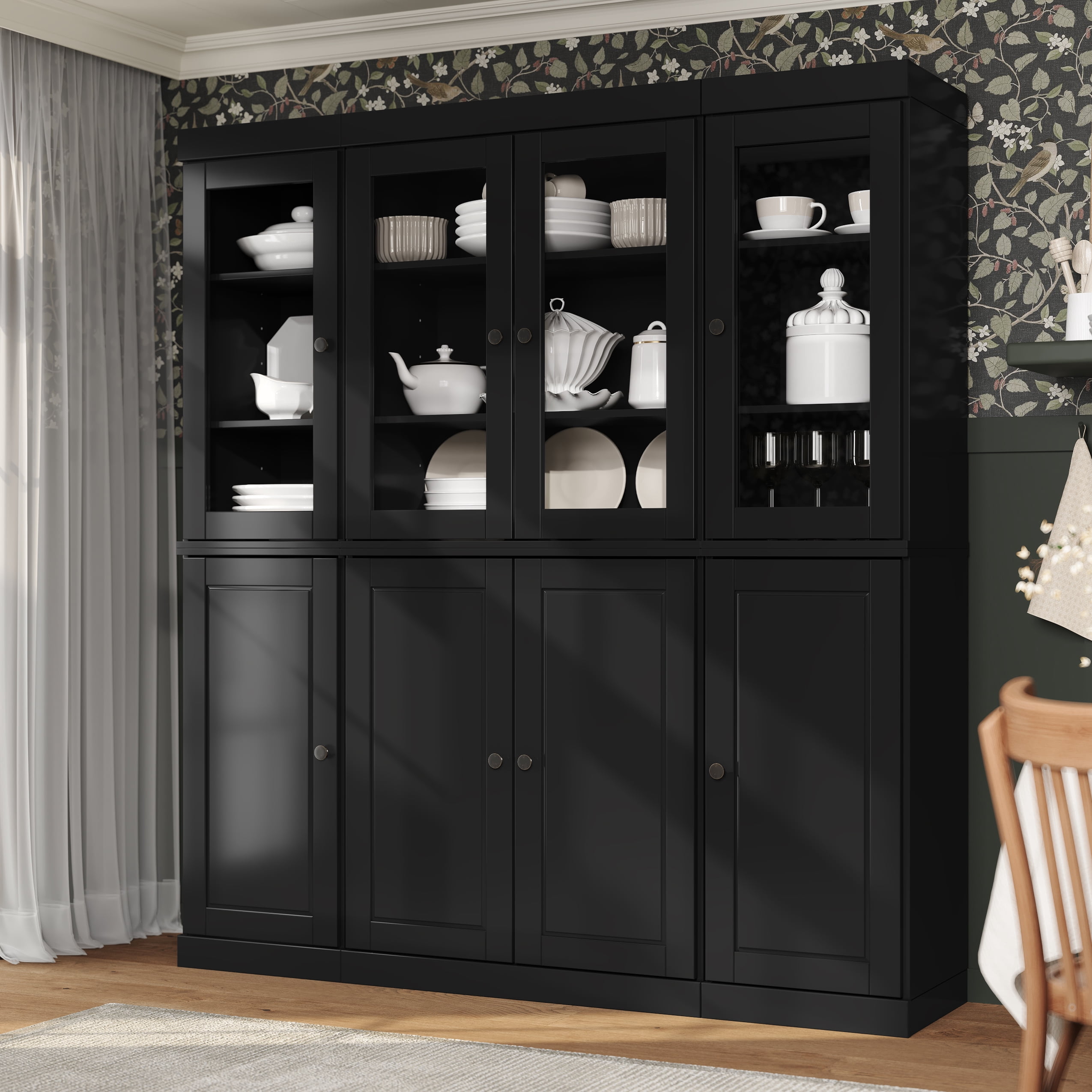 Palace Imports 100% Solid Wood Kitchen Pantry Storage Cabinet with Glass Doors, Adjustable Shelves and 2-Drawers, Black