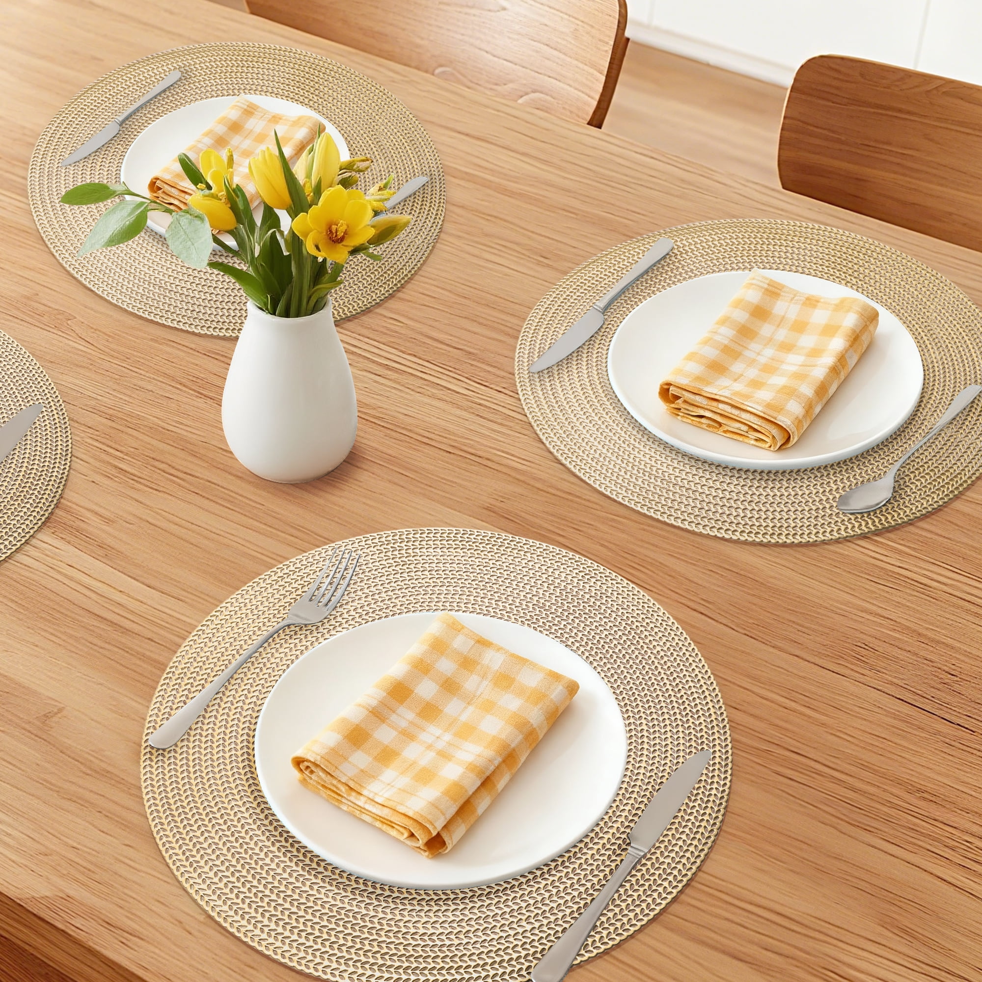 Unique Bargains Set of 6 Round Washable Hollow Design Placemats Gold