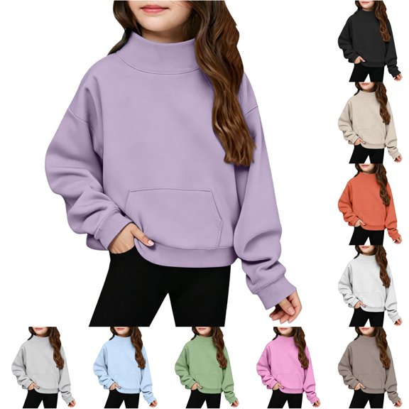 lnmuld Girls Solid Mock Neck Sweatshirt Long Sleeve Pullover with Front Pocket 5-6 Years,Light Purple