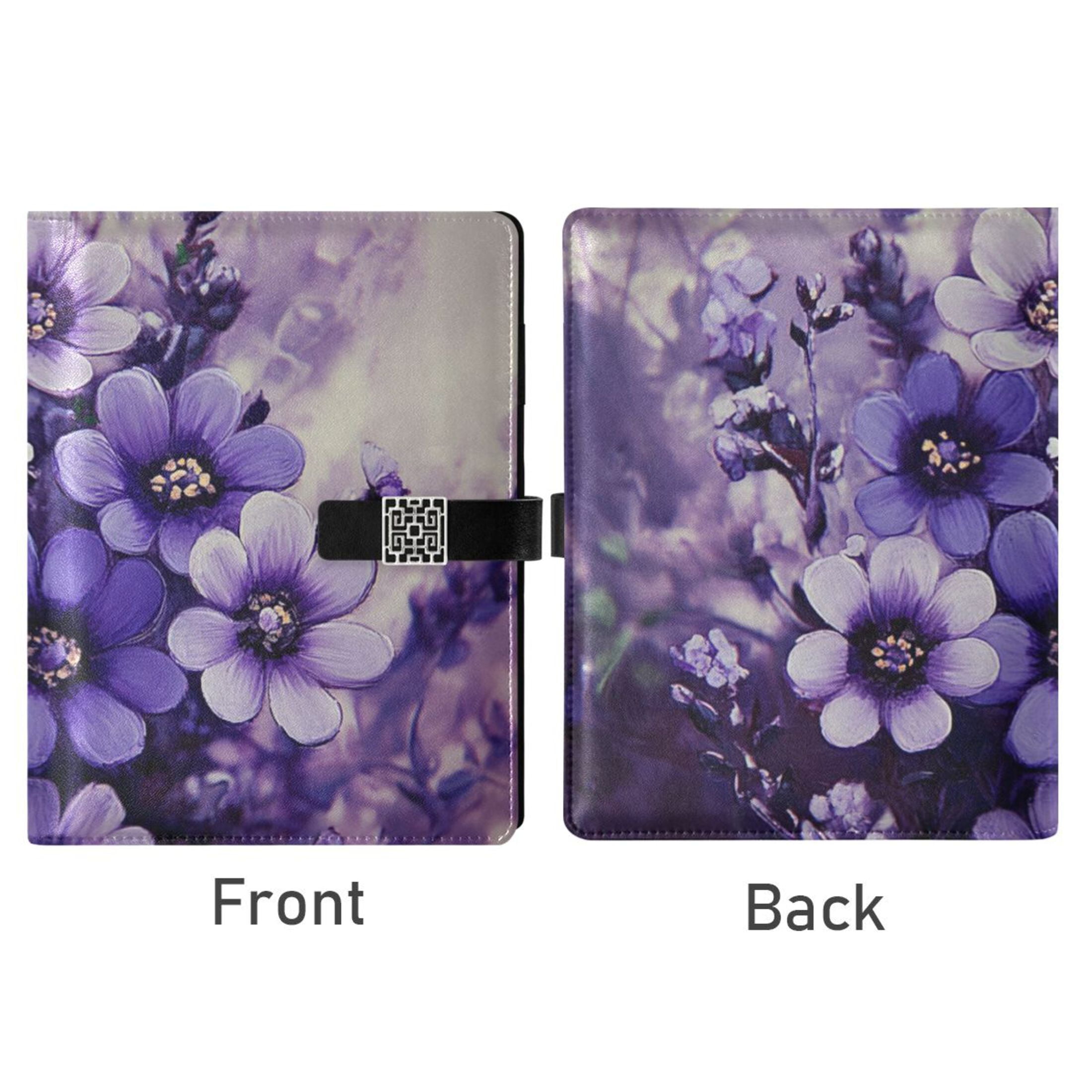 Purple Beautiful Flowers Leather Journal Notebook for Men Women A5 Hardcover Notebook with Pockets for Work Business Travel