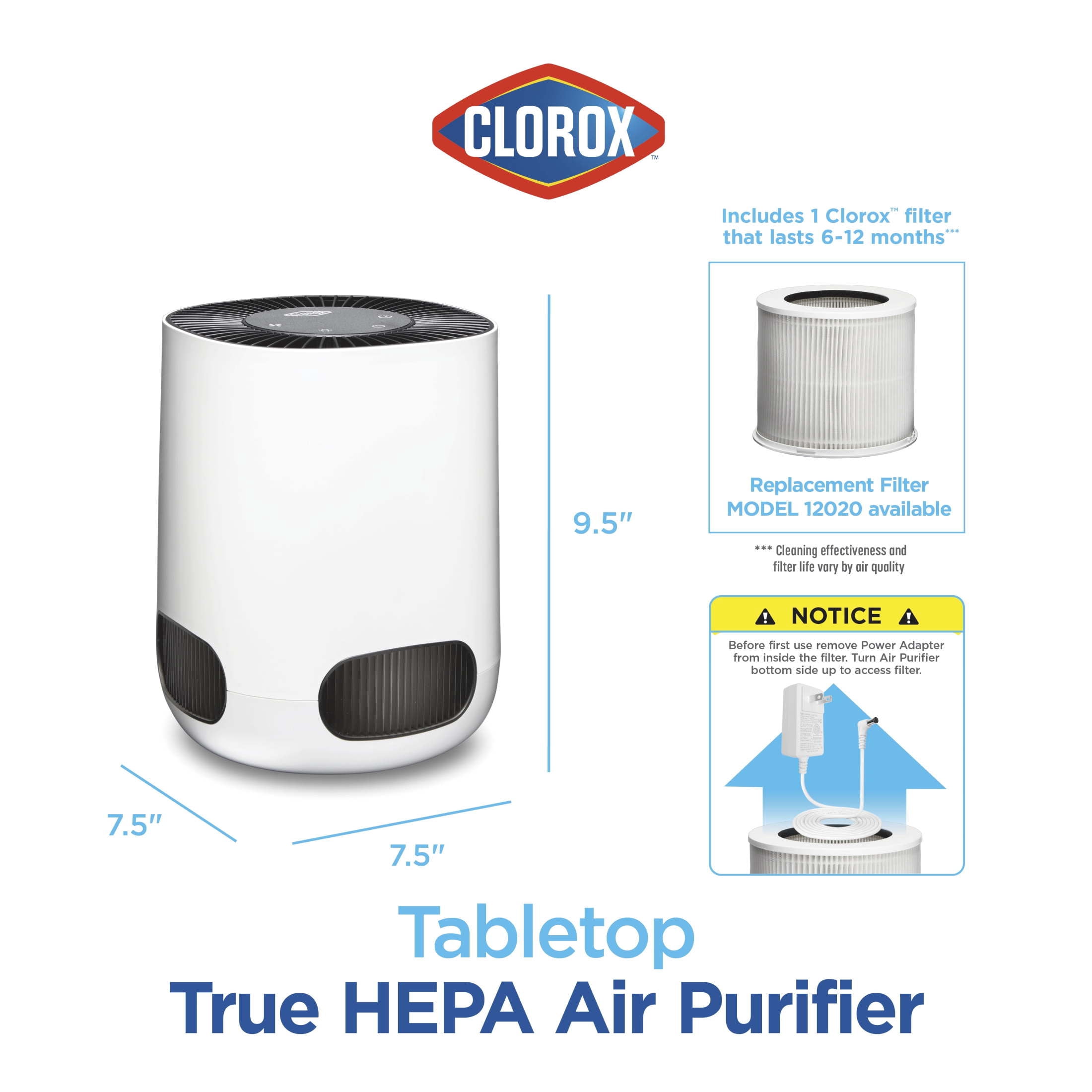 Clorox Bedroom Air Purifier for Allergies and Asthma, True HEPA Air Filter, 200 Sq Ft Capacity, White
