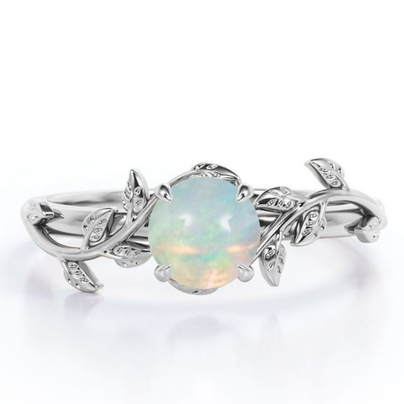 JeenMata Nature Inspired Design - 0.50 Carat Round Shape Opal - Prong Setting Engagement Ring - 18K White Gold Plating Over Silver