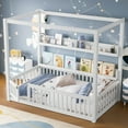 thumbnail image 3 of Twin Size Canopy Bed Frame with 2 Tier Storage Shelves, Solid Wood Montessori Floor Bed with Fence and Door, No Spring Box Needed, White, 3 of 7