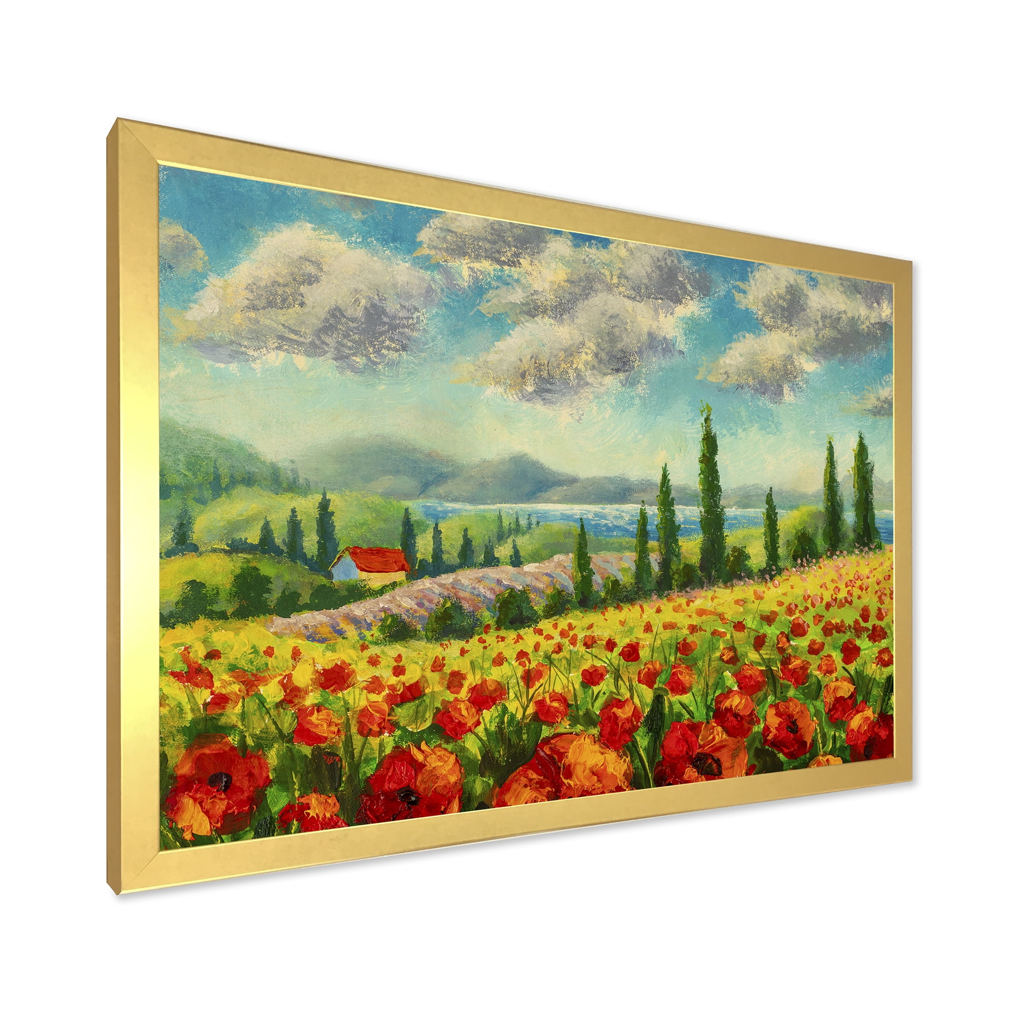 Designart 'Beautiful Landscape With Poppies Flowers By Riverside' Traditional Framed Art Print