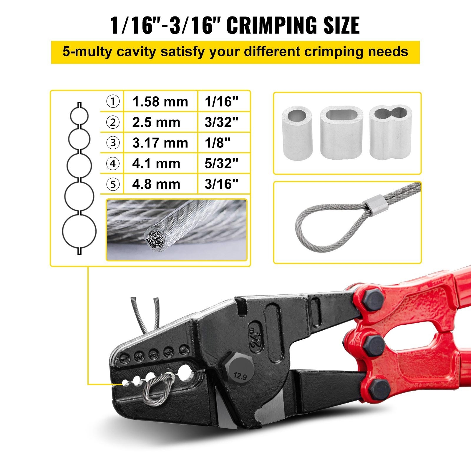 VEVOR Hand Swager Crimper 24 inch,Swaging Tool 5 Cavity 1/16" 3/32" 1/8" 5/32" 3/16",Hand Cimping Tool for Copper Aluminum Oval Sleeves and Stop Sleeves,Wire Rope Crimping Tool Swage Tool Long Hand