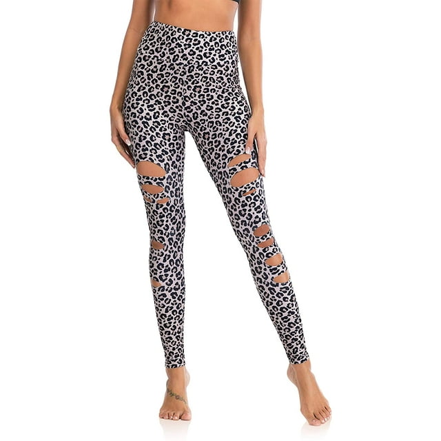 Womens High Waist Yoga Pants Cutout Ripped Tummy Control Workout Running Yoga Skinny Leggings