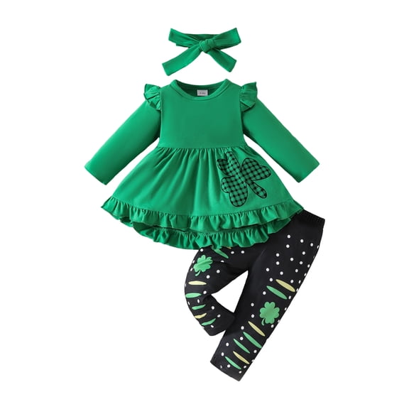 vigerkar Infant Girl St Patricks Day Outfit Shamrock Shirt Dress Top Four-leaf Clover Pants 12M-3 Years (Green, 9-12 Months)