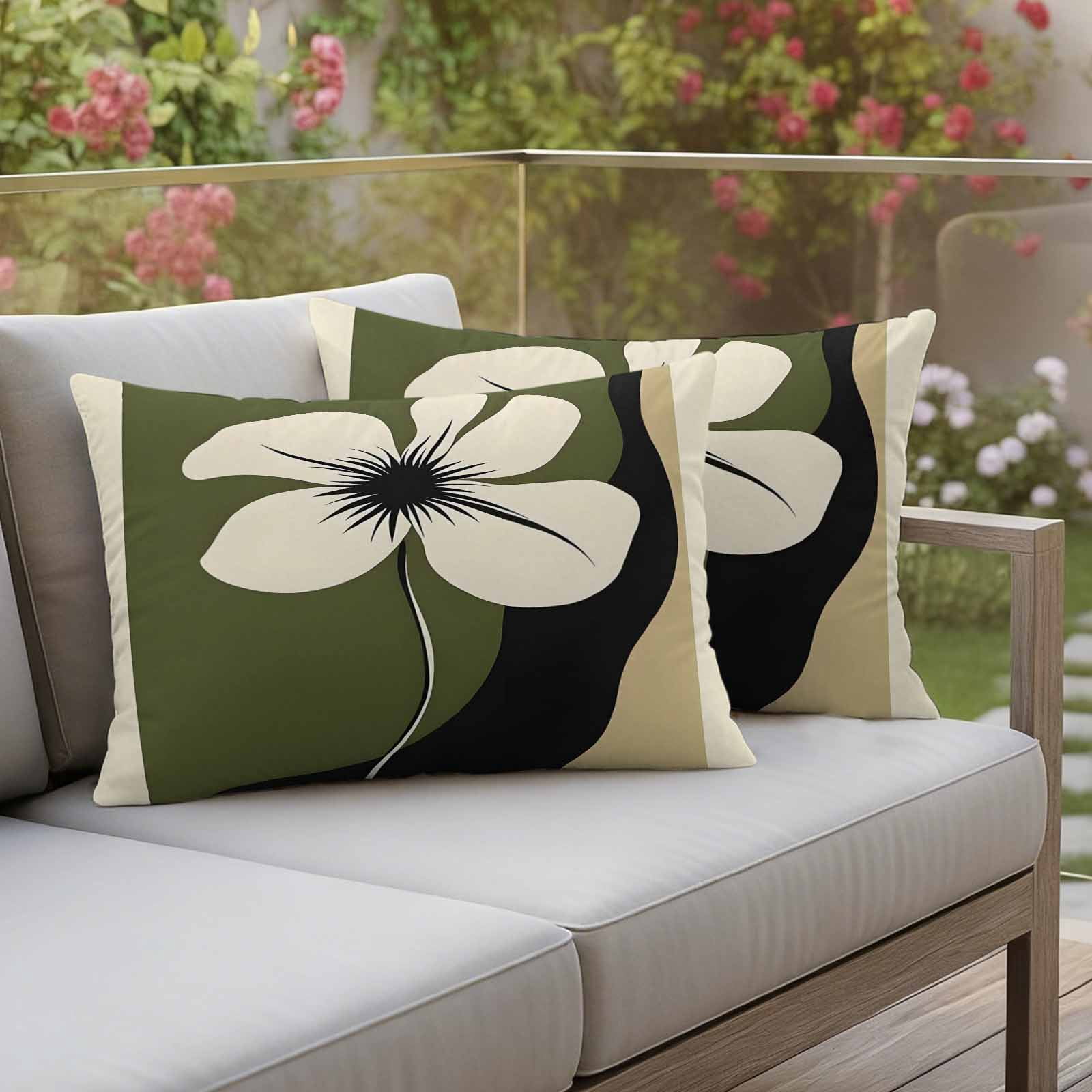 Green Floral Spring Outdoor Waterproof Pillow Covers, Modern Abstract Blooms Botanical Decorative Rectangle Throw Pillowcase Sofa Cushion Sham for Patio/Couch/Chair, 20"x12" 2 Pack