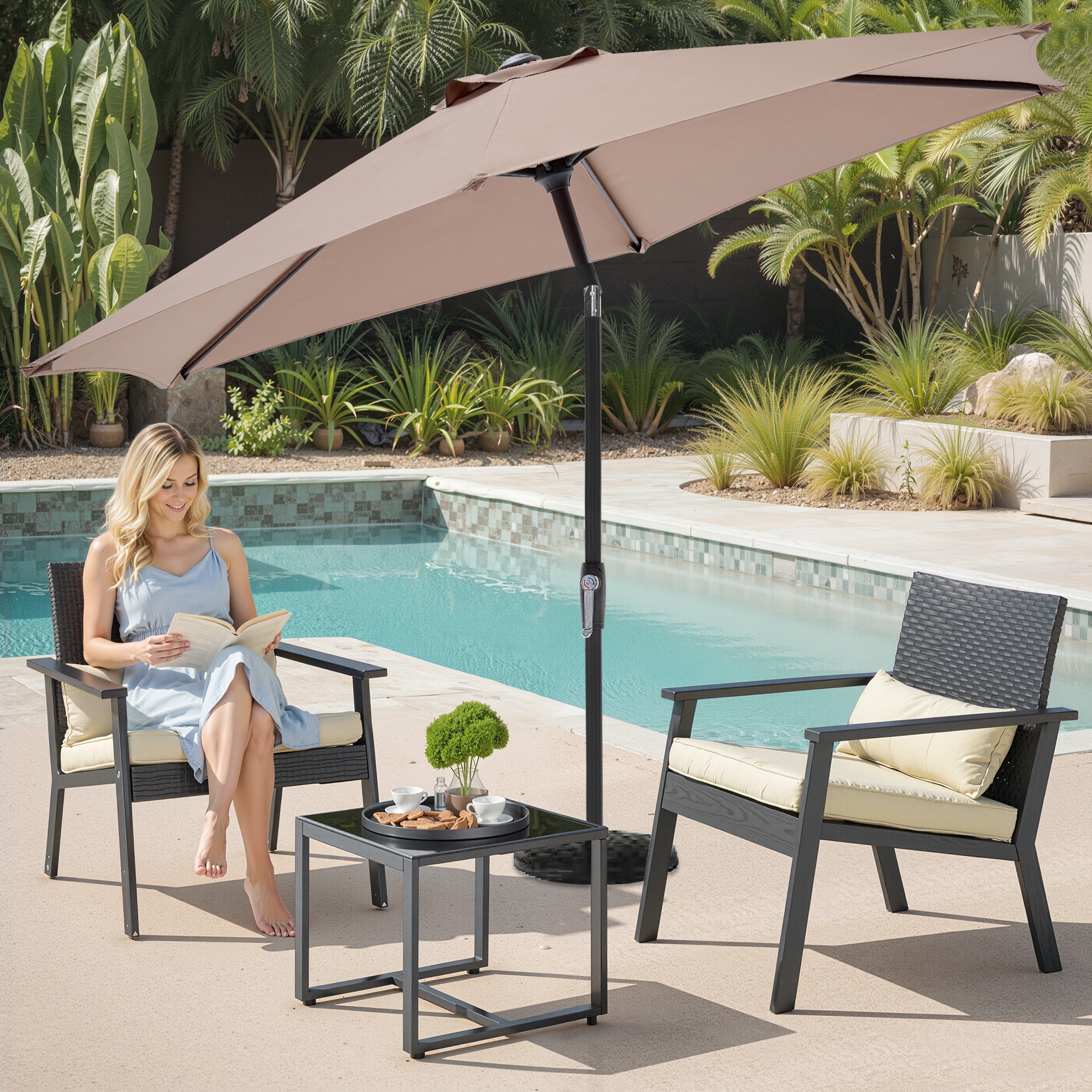MCQ 7.5ft Outdoor Patio Umbrella with Push Button Tilt & Crank, 6-Rib Design, UV15+ Waterproof Fabric, Brown