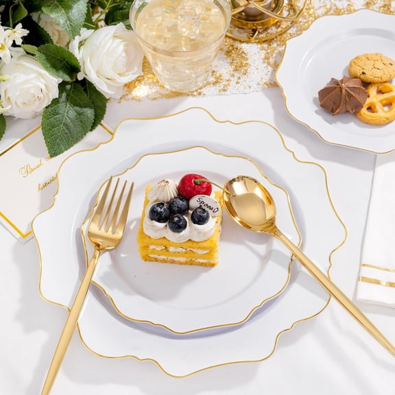 350PCS White and Gold Plastic Plates - Gold Plates Disposable 50Guest Plastic Dinnerware Ideal for Party/Wedding/Birthday/Valentine's Day