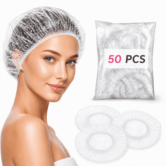 Keeygo Disposable Waterproof Plastic Shower Cap, Larger Clear (50 Pack)