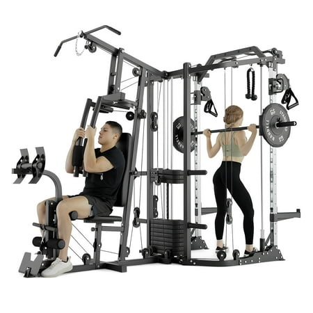 Mikolo Smith Machine Power Cage, Multi-Function Home Gym System with Cable Crossover, 121LB Weight Stack