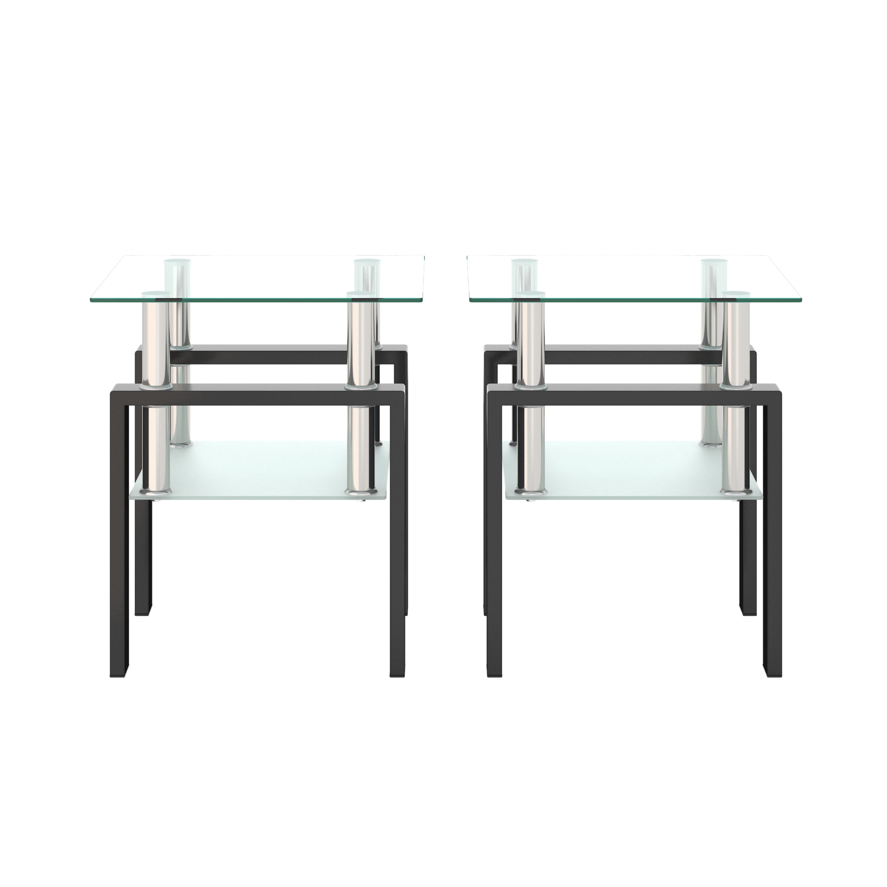 Set of 2 Glass End Tables 17.72 Inch, Modern Square Side Tables with Tempered Glass Top and Metal Legs for Living Room Bedroom, Transparent and Black