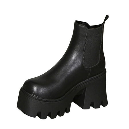 YHGFVOKJ Boots for Women Lightweight Fashion Leather Face Solid Color Thick High Heel Slip on Block Heel Thick Sole Short Boots Shoes Boot Heels Black 39