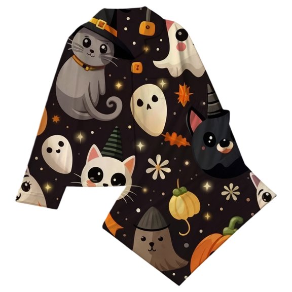Kids Halloween Two-Piece Outfit Ghost Cartoon Print Lapel Button Long Sleeve Shirt Pants Set Nightwear Soft Lounge Sets Size 13-14T