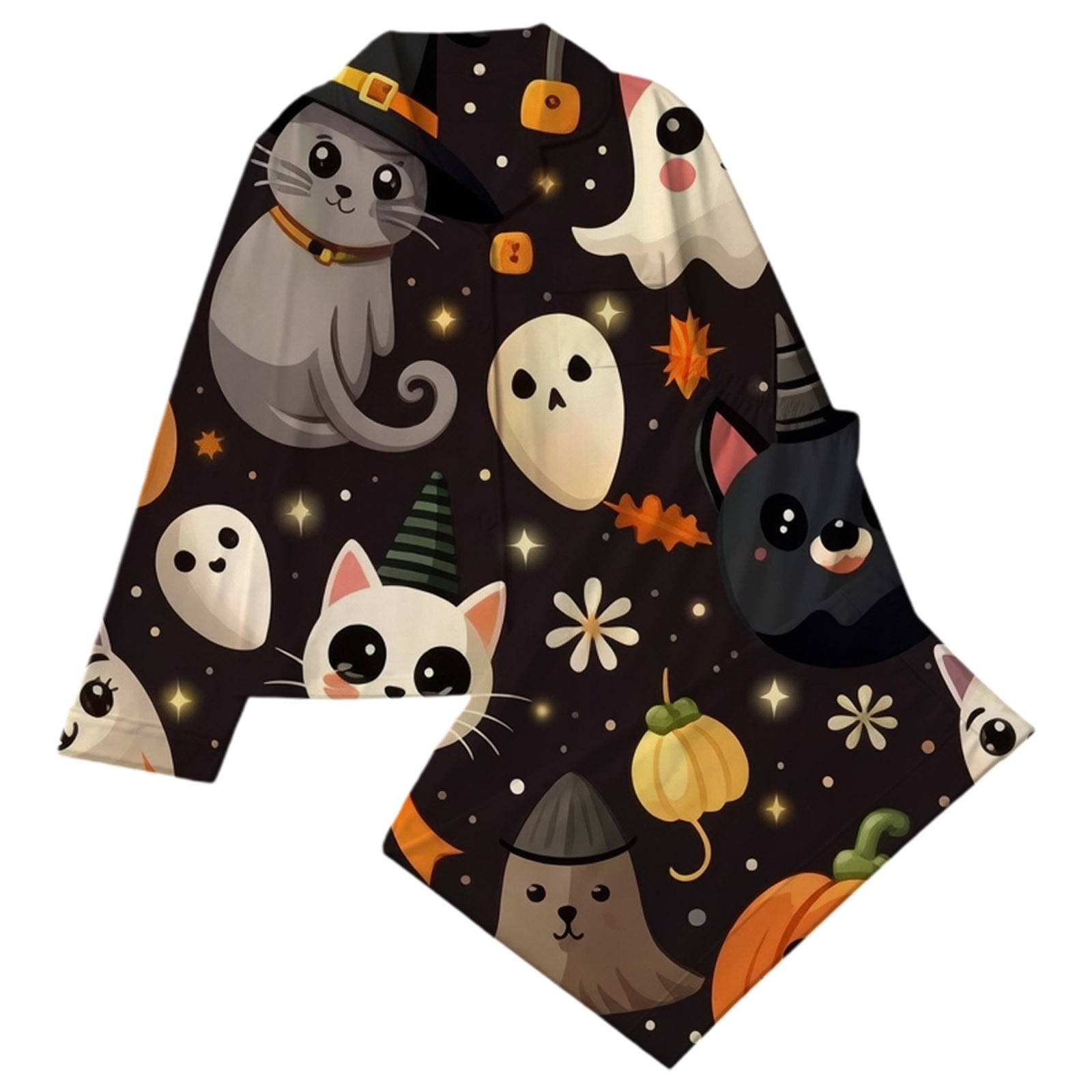WhouRiu Toddler Girls Halloween Pajamas Sets Cat Ghost Pumpkin Print Notch Collar Long Sleeve Top and Pants 2 Piece Kids Soft Sleepwear Pjs Outfit Set 3-14 Years