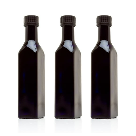 Infinity Jars Black Ultraviolet Square Glass Oil Bottle 250Ml (8.5 Fl oz) w/Plastic Pour Spout, Airtight Round Refill Vinegar Cruet Cooking Oil Dispenser Bottle, Olive Oil Bottle for Kitchen 3-Pack
