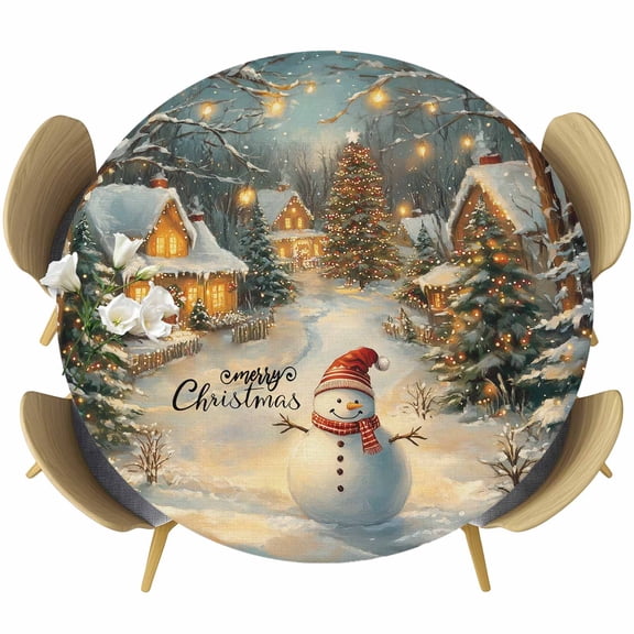 Christmas Table Cloth, Round Fitted Tablecloths with Elastic Edge, Snowman Snowflake Xmas Farmhouse Wipeable Waterproof Table Cover for Kitchen Wedding 36-44 Inches