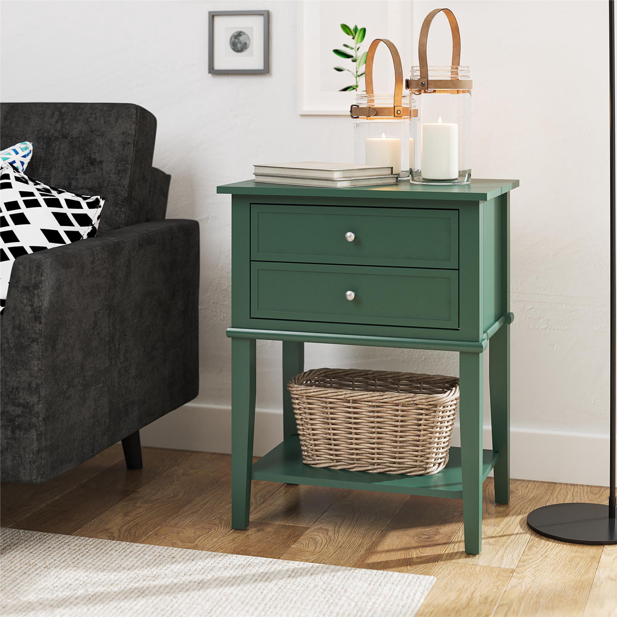 Desert Fields Eclectic Boho Accent Table with 2 Drawers, Hunter Green