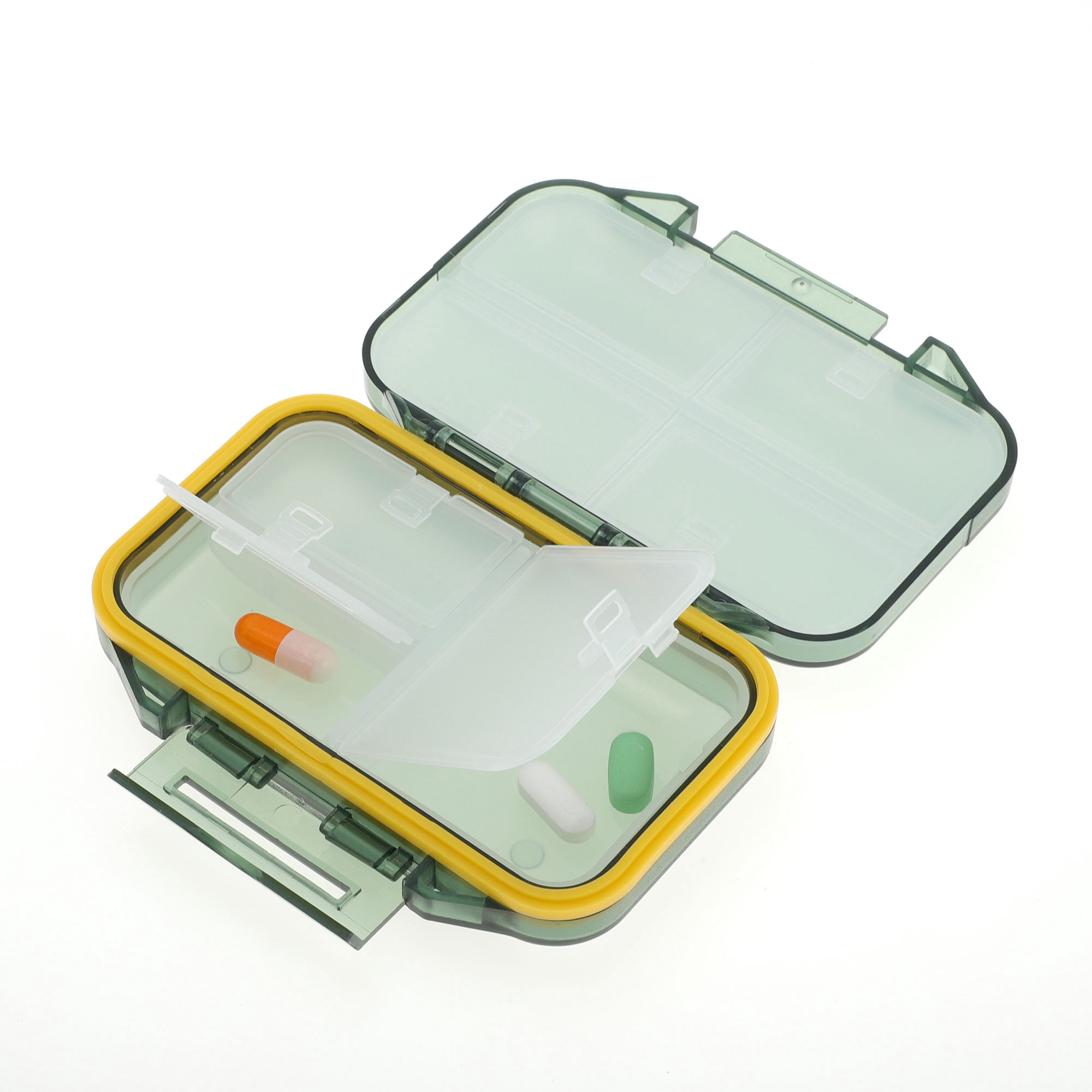Unique Bargains 7 Grids Double Layers Portable Pill Box 1 Pc Green, Yellow