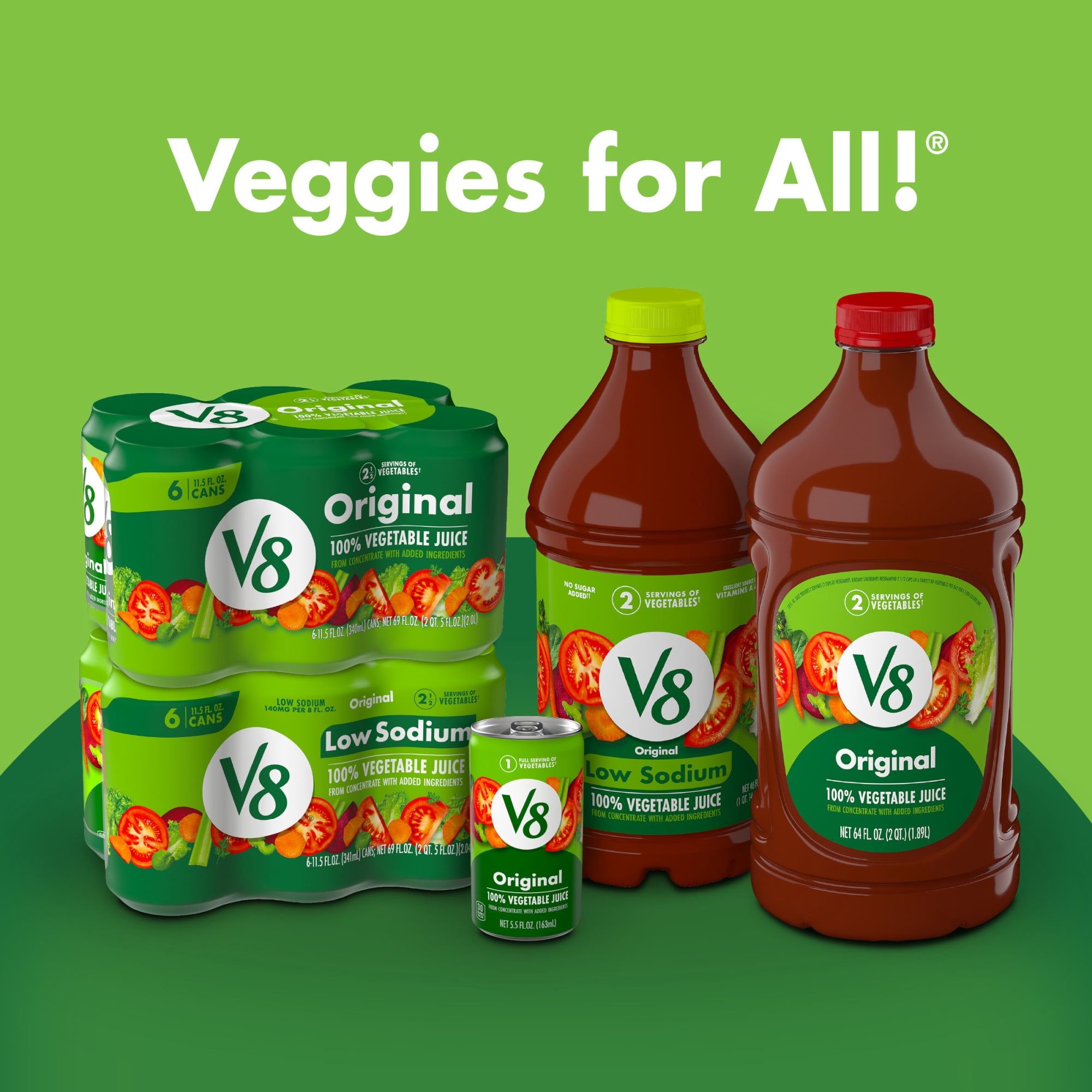 (2 pack) V8 Low Sodium Original 100% Vegetable Juice, 11.5 fl oz Can, 6 Count