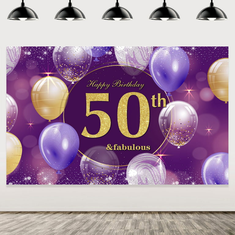 50th Birthday Decorations Backdrop Banner for Women , Purple Gold