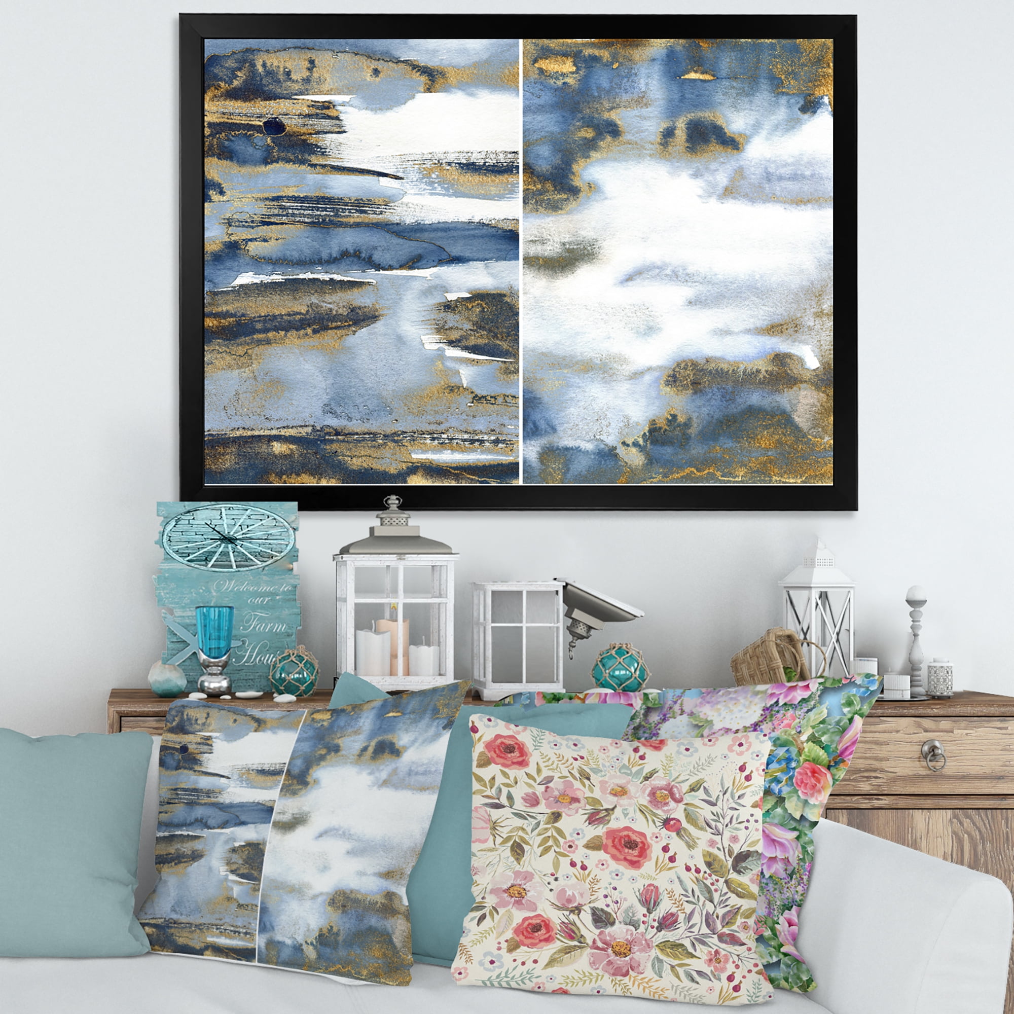 Designart 'Gold and Dark Blue Abstract Waves III' Modern Framed Art Print