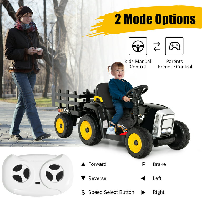 COSTWAY Tractor Electrico con Remolque 12V, 3 Velocidades y Control Remoto  2,4G Juguete Tractor con