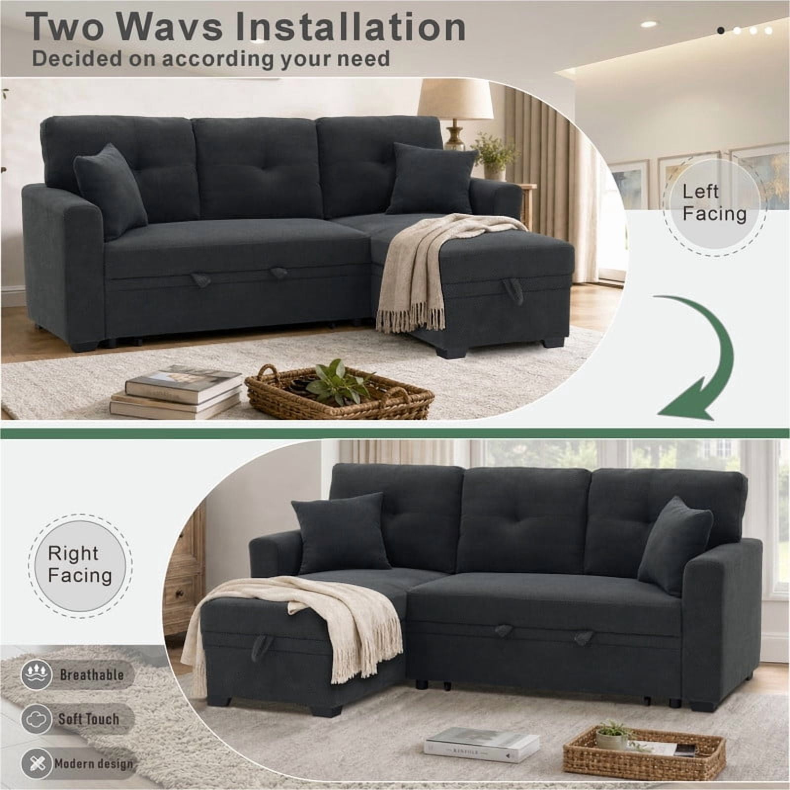 Convertible Sleeper Sectional Sofa with Pull-Out Bed & Reversible Chaise, Loveseat Couch with Hidden Storage for Small Spaces