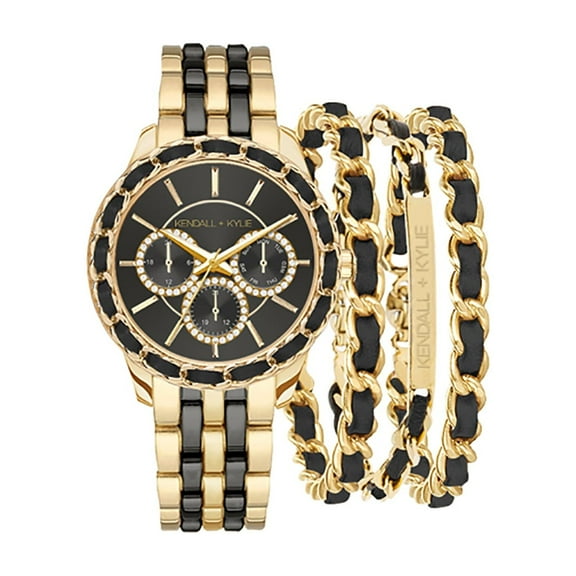 Kendall Kylie Kk Lds Blk Dial Gldblk Watch Brace Set