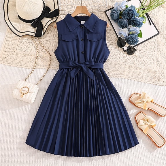 Kids Elegant Sleeveless Party Dress with Sash Tie Waist And Ruffle For Girls Summer Casual WearBlue8-9 Years