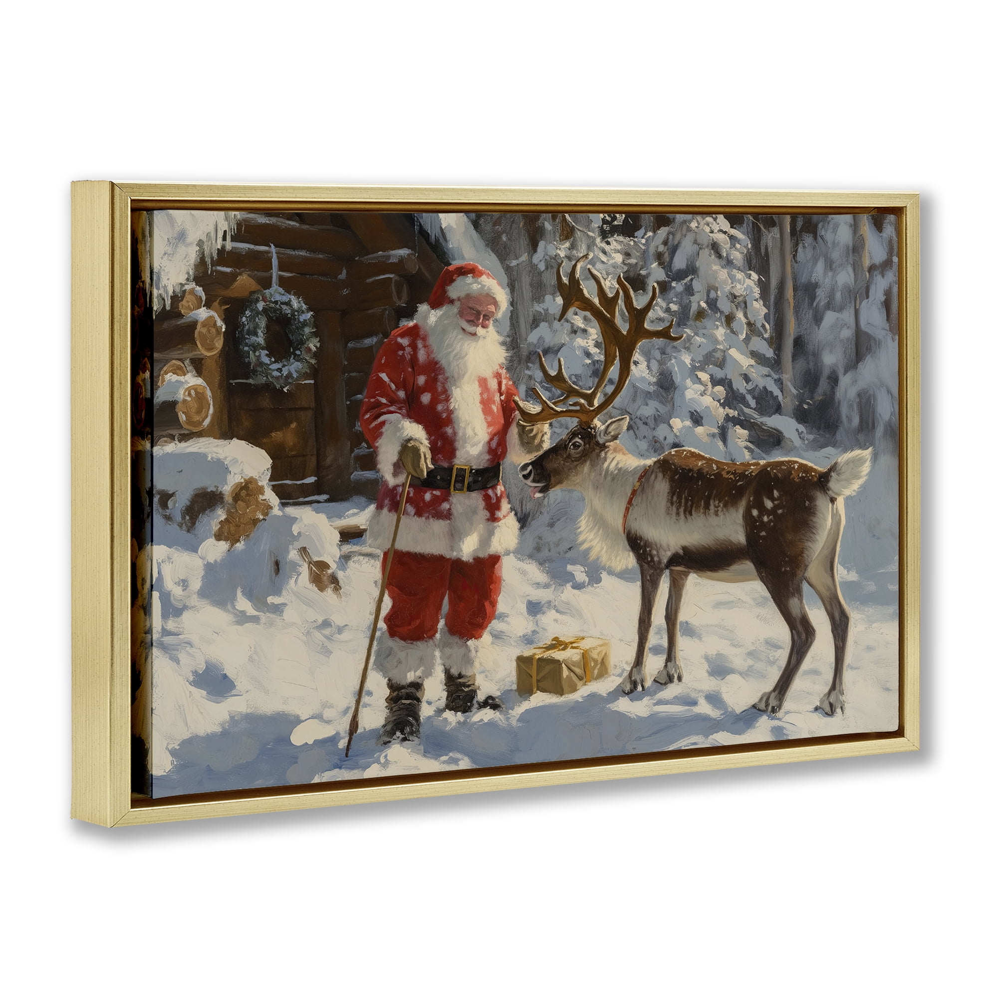 Stupell Industries Santa with Reindeer Scene Holiday Painting Gold Floater Framed Canvas Art Prints Wall Art, 31 x 21