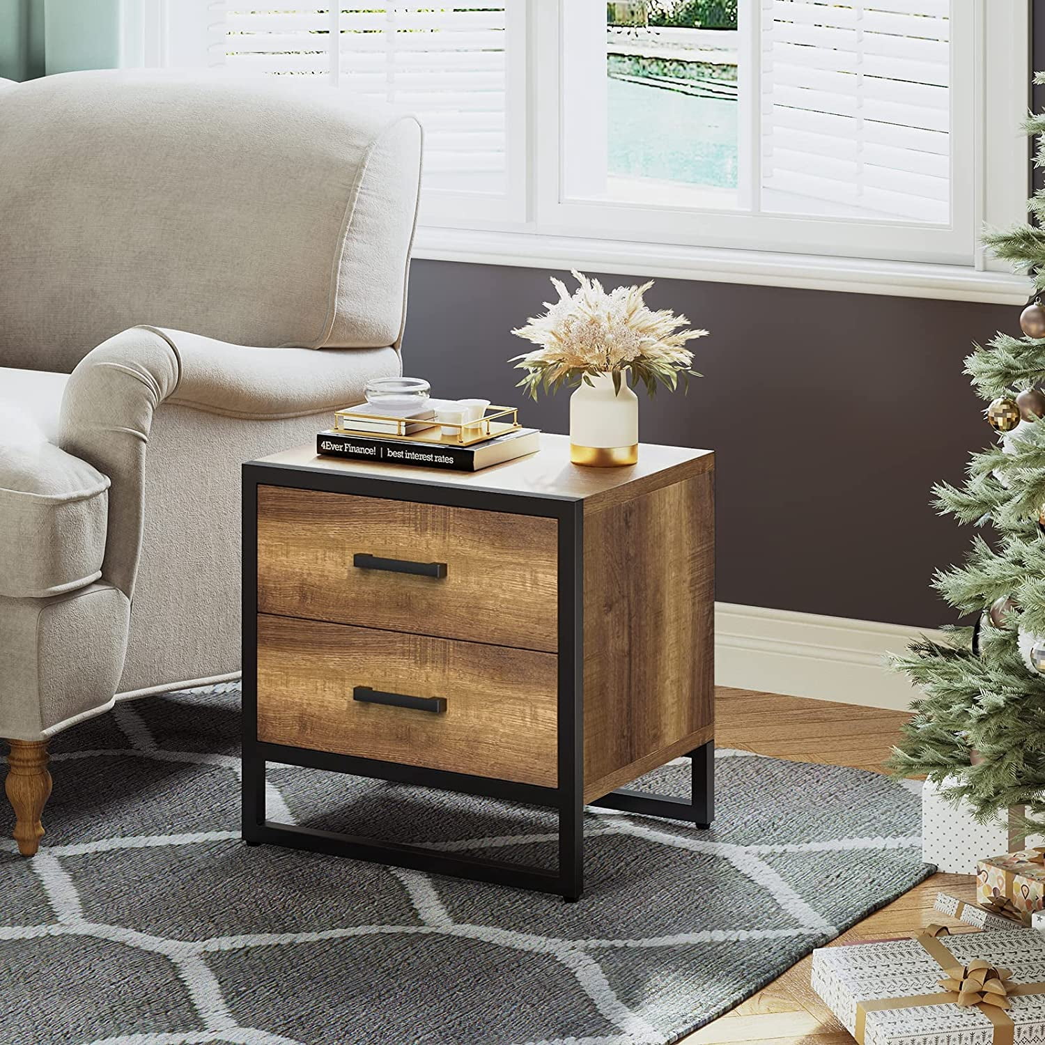 Dextrus Modern Nightstand End Side Table with 2 Drawers and Metal Frame for Bedroom Living Room, Brown and Black