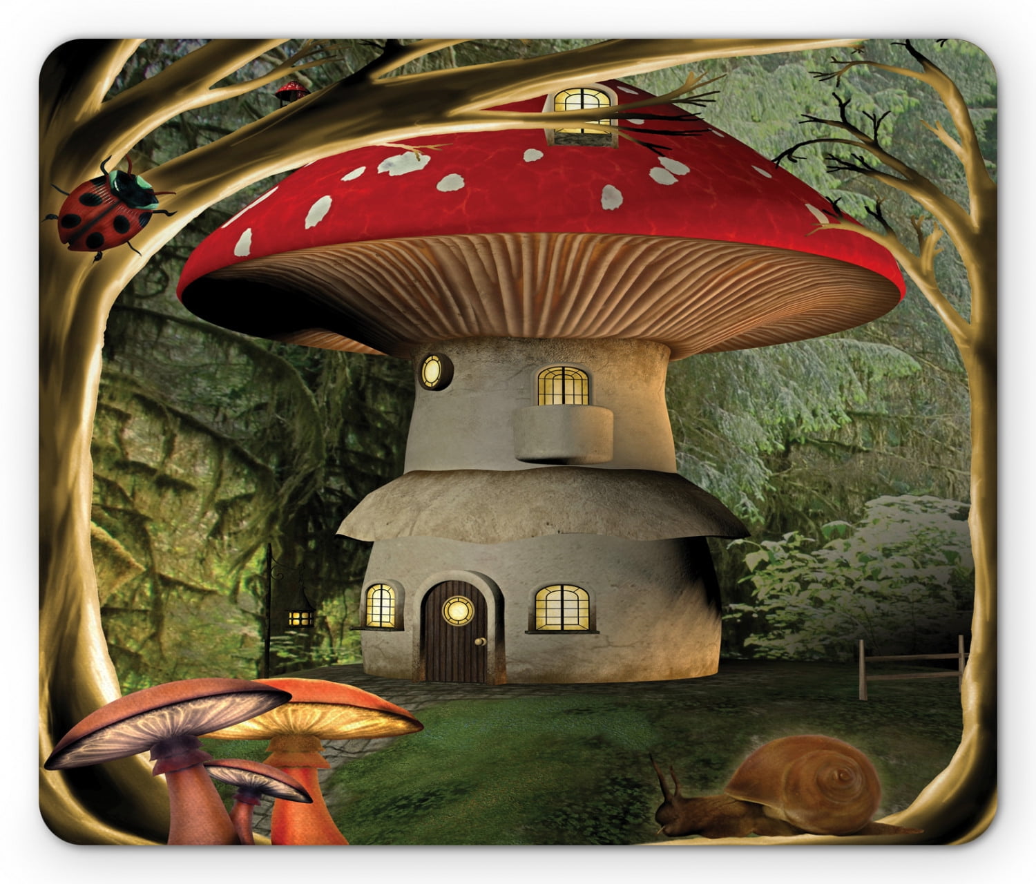 Mushroom Mouse Pad, Shroom House in Enchanted Forest with Ladybug and ...