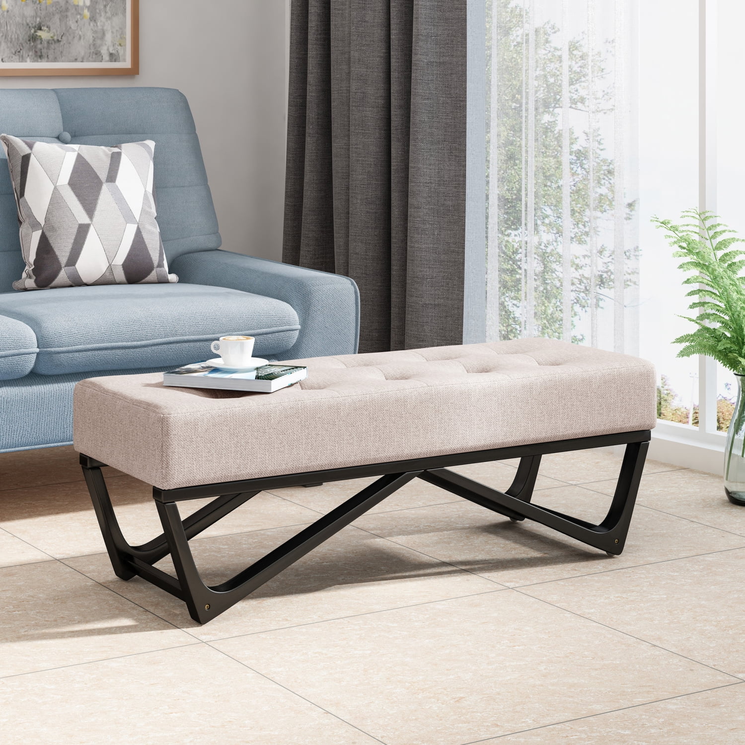 Modern Faux Wood Ottoman with Plush, Button-Tufted Top